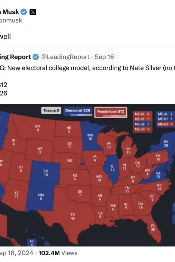 DESMENTIDO. Uno de los mensajes falsos es la republicación de una encuesta de la opinión pública sobre Trump y Kamala, basada en un pronóstico desactualizado de Nate Silver. / CAPTURA DE PANTALLA.