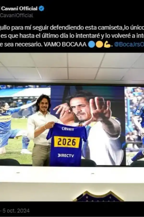 El mensaje de Cavani para los hinchas de Boca, después de la renovación hasta diciembre de 2026