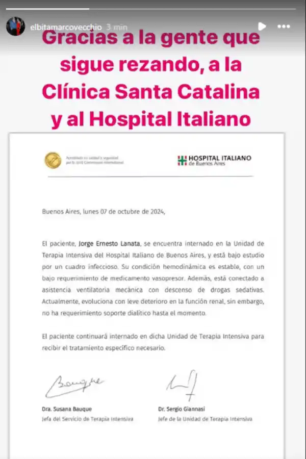 El último parte médico fue compartido por su esposa Elba Marccovechio. 