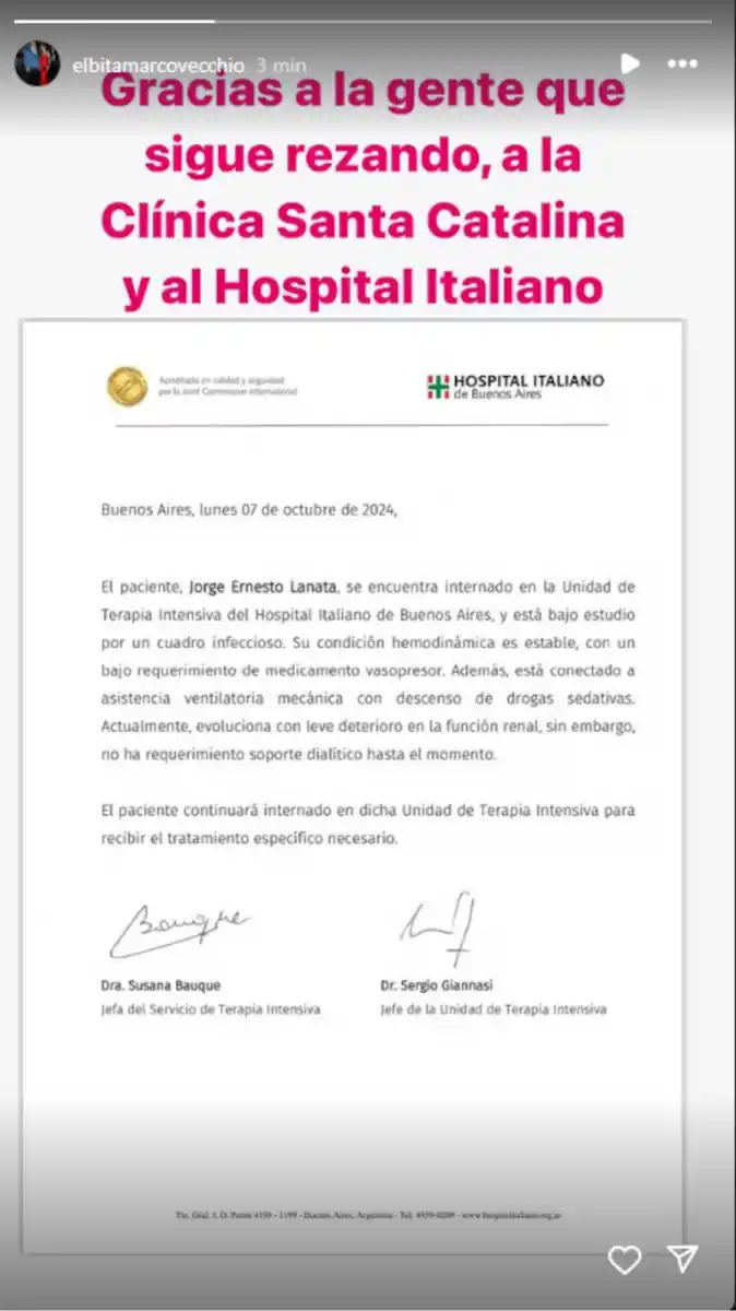 El último parte médico fue compartido por su esposa Elba Marccovechio. 