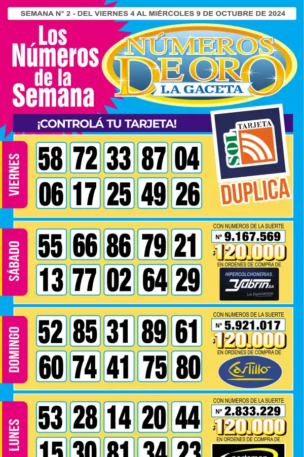 Esta es la grilla completa de los Números de Oro de LA GACETA del 9 de octubre de 2024