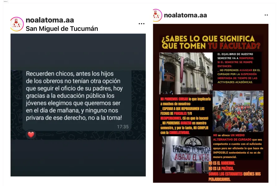 POSTEOS. Los mensajes que difunde No a la toma, el grupo de alumnos autoconvocados de Derecho./CAPTURAS DE PANTALLA