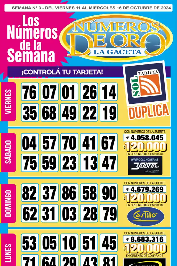 Esta es la grilla completa de los Números de Oro de LA GACETA del 16 de octubre de 2024