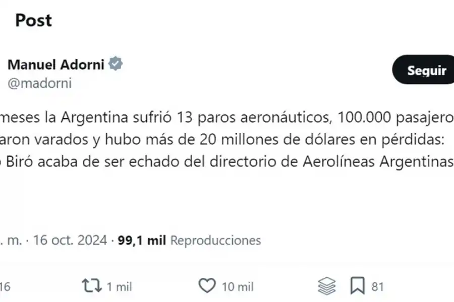 Conflicto aeronáutico: el Gobierno echó a Pablo Biró del directorio de Aerolíneas Argentinas