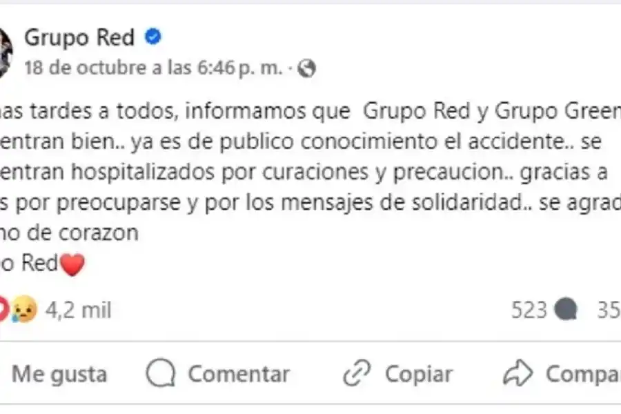 Las imágenes del terrible accidente que sufrieron el grupo Green y Red