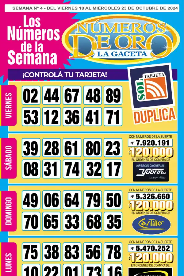 Esta es la grilla completa de los Números de Oro de LA GACETA del 23 de octubre de 2024