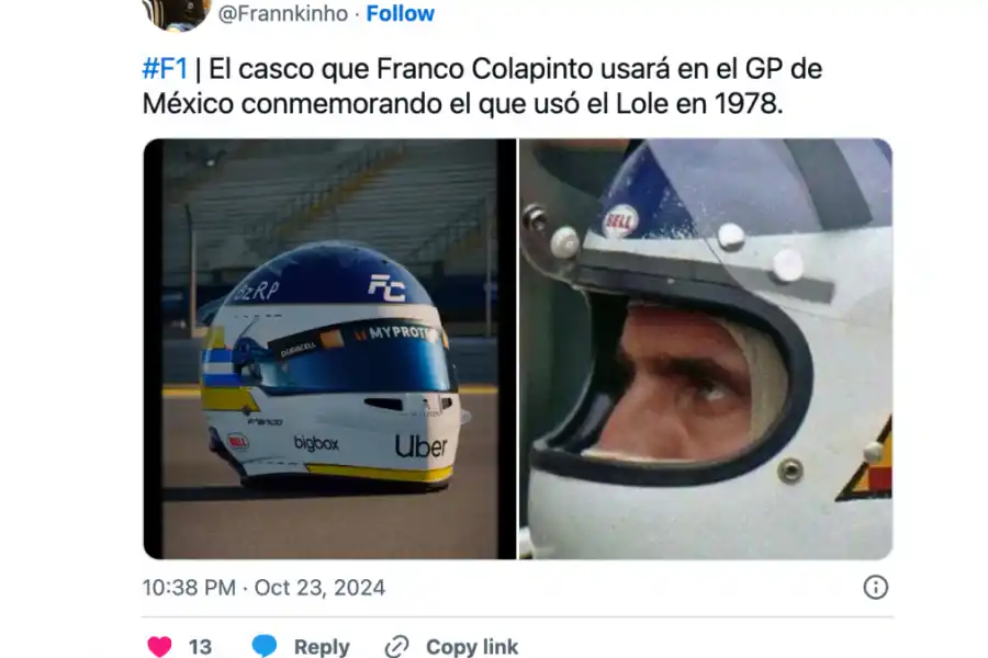 Franco Colapinto llevará un casco en homenaje a Carlos Reutemann: Le encantó la idea