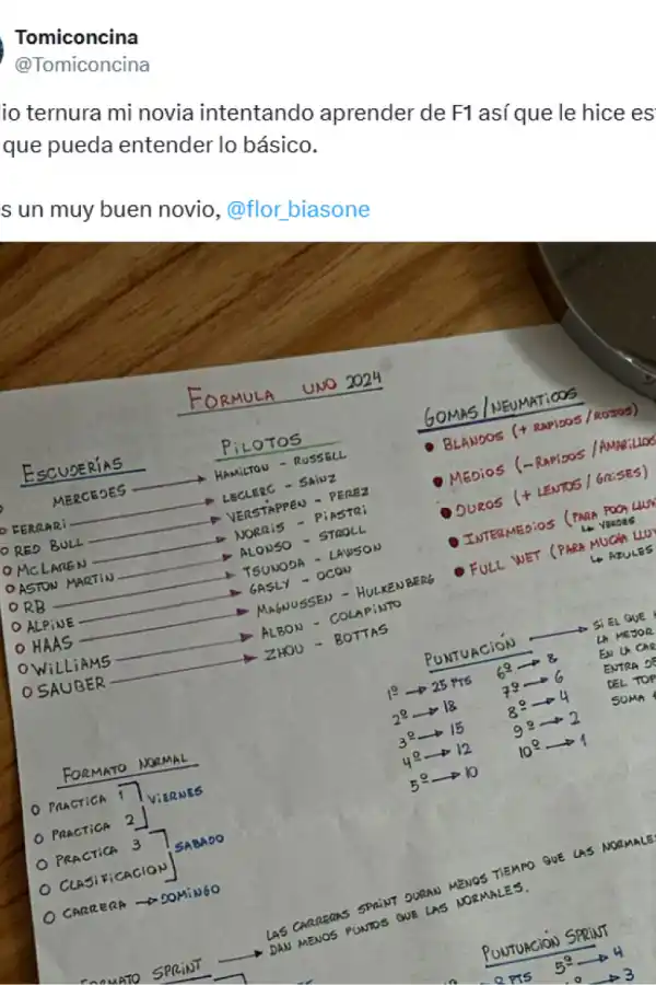 Es fanático del automovilismo y le hizo una guía básica para que su novia entienda la Fórmula 1