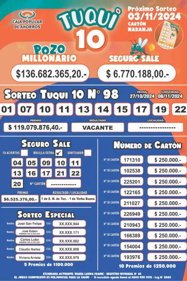 Tuqui 10: los resultados del sorteo del domingo 27 de octubre
