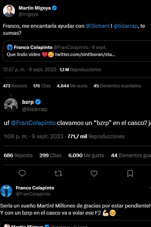 COMO COMENZÓ TODO. La primera interacción en redes sociales entre Bizarrap y Colapinto en 2023./CAPTURA DE PANTALLA