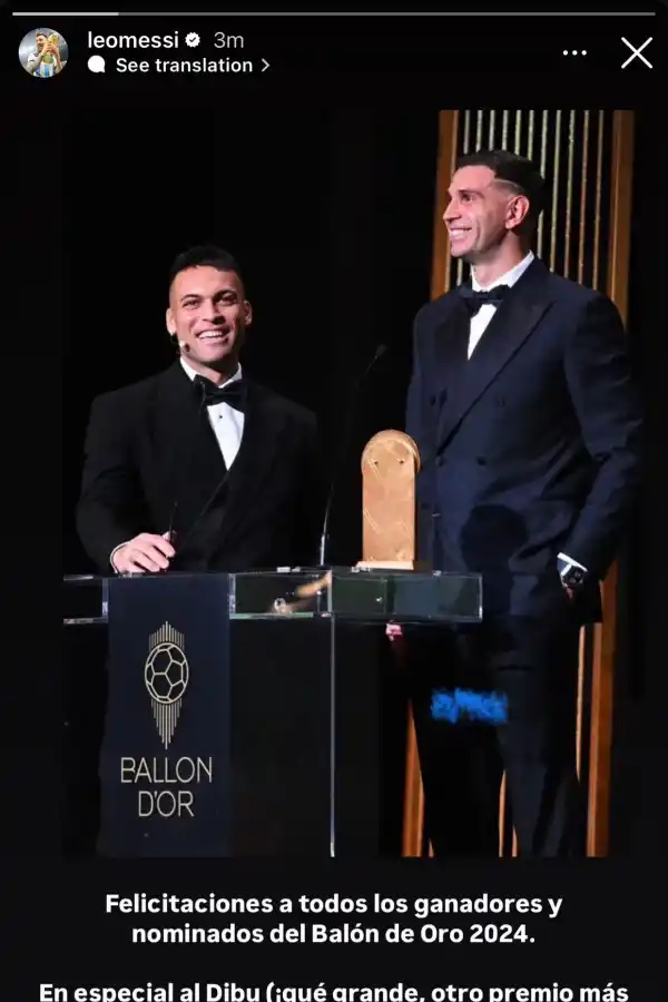 La felicitación de Messi a “Dibu” Martínez por ganar el premio Yashin en el Balón de Oro: “Qué grande”
