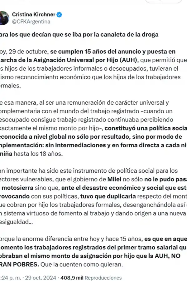 Foto tomada de X/@CFKArgentina.