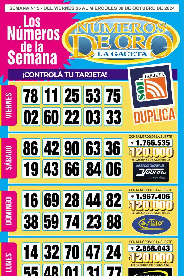 Esta es la grilla completa de los Números de Oro de LA GACETA del 30 de octubre de 2024