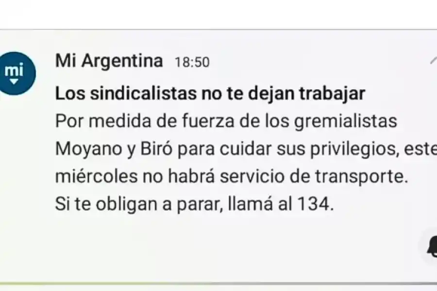 “No te dejan trabajar”: el polémico mensaje de la app Mi Argentina sobre el paro de transporte