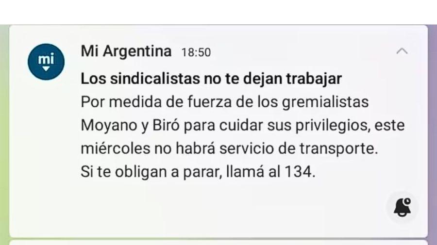 “No te dejan trabajar”: el polémico mensaje de la app Mi Argentina sobre el paro de transporte