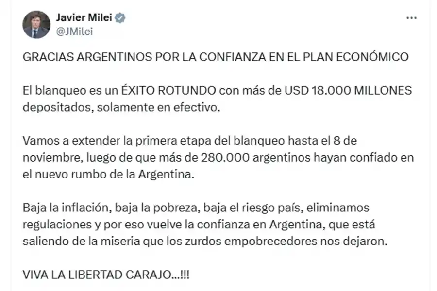 Javier Milei celebró el resultado del blanqueo y agradeció por la confianza en el plan económico