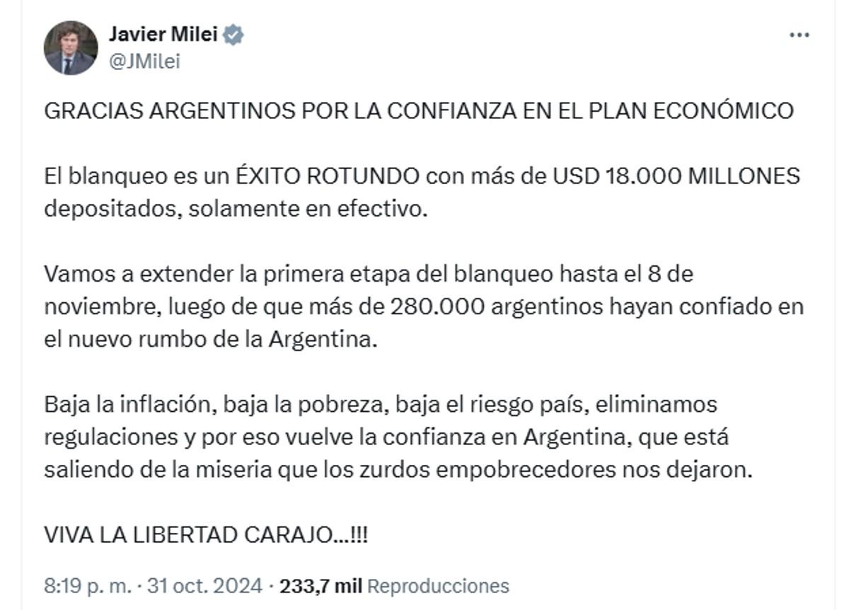 Javier Milei celebró el resultado del blanqueo y agradeció por la confianza en el plan económico