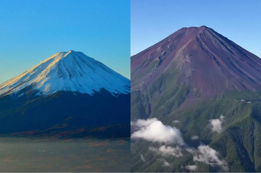 CAMBIO CLIMÁTICO. Lo normal es que el Monte Fuji se cubra de nieve a principios de octubre (foto de la izq.), pero no pasó eso este año (derecha). / EXCÉLSIOR