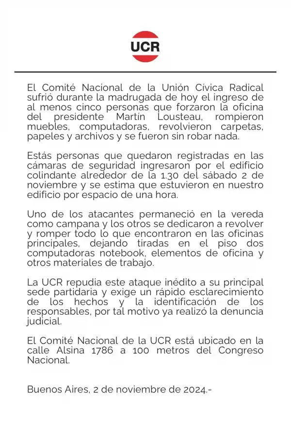 La UCR denunció que desconocidos ingresaron al Comité Nacional y destrozaron la oficina de Martín Lousteau
