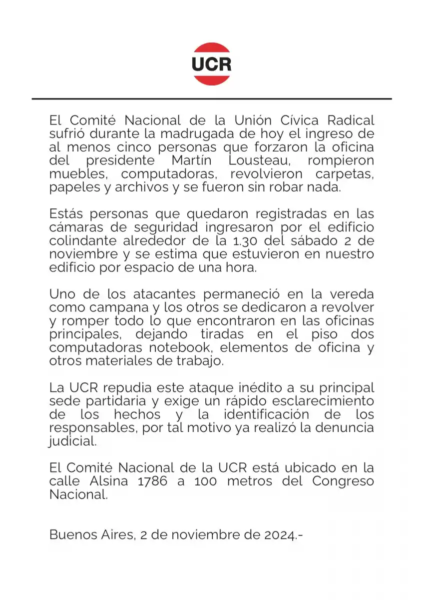 La UCR denunció que desconocidos ingresaron al Comité Nacional y destrozaron la oficina de Martín Lousteau