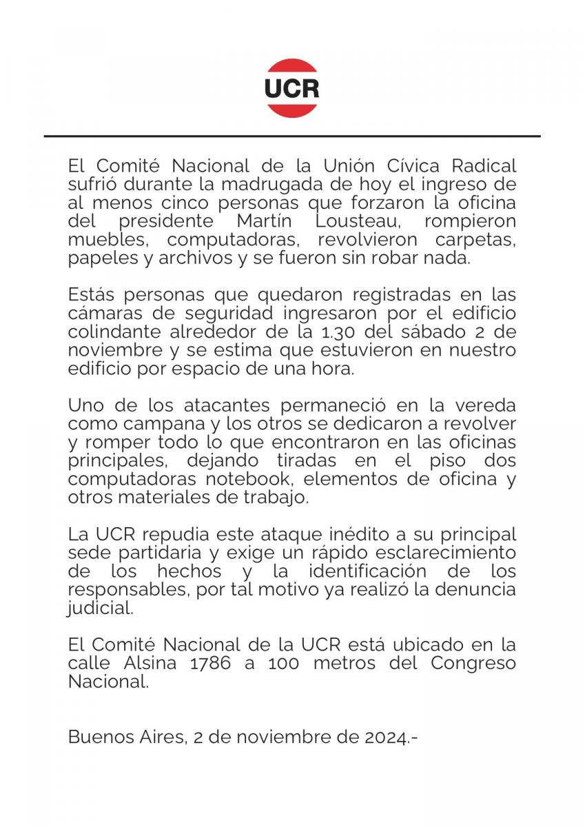 La UCR denunció que desconocidos ingresaron al Comité Nacional y destrozaron la oficina de Martín Lousteau