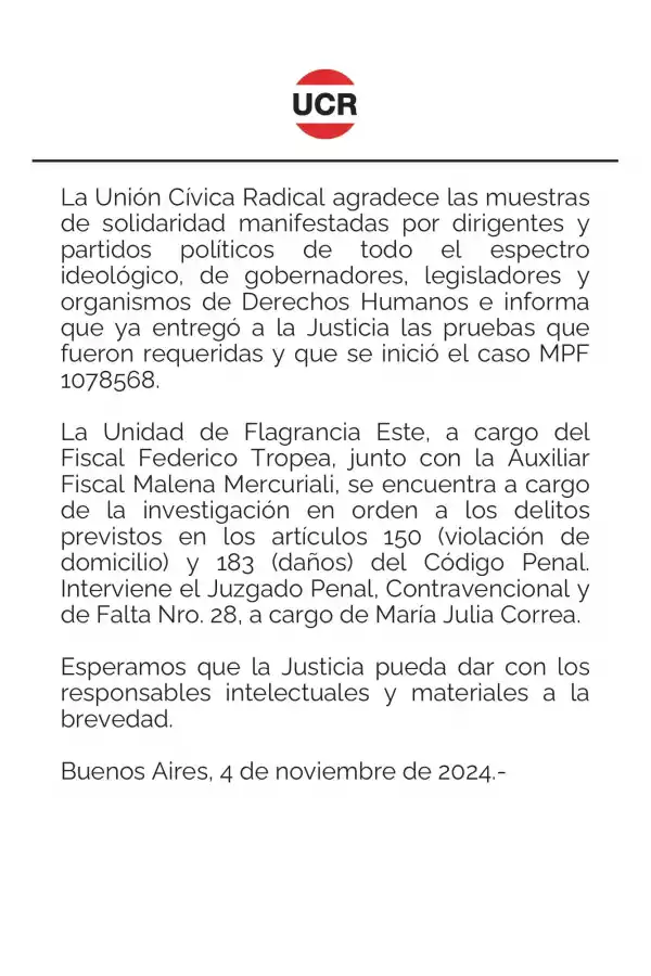 Ataque al Comité Nacional: la UCR entregó las pruebas a la Justicia y agradeció las muestras de solidaridad