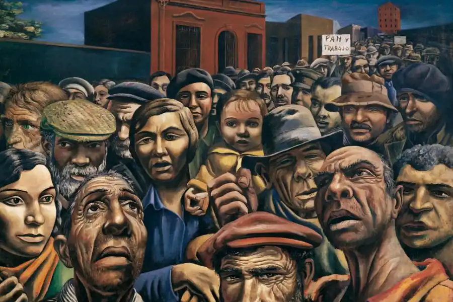 TEMÁTICA SIMILAR. Antonio Berni pintó “Manifestación” en 1934, 40 años después de “Sin pan y sin trabajo”.