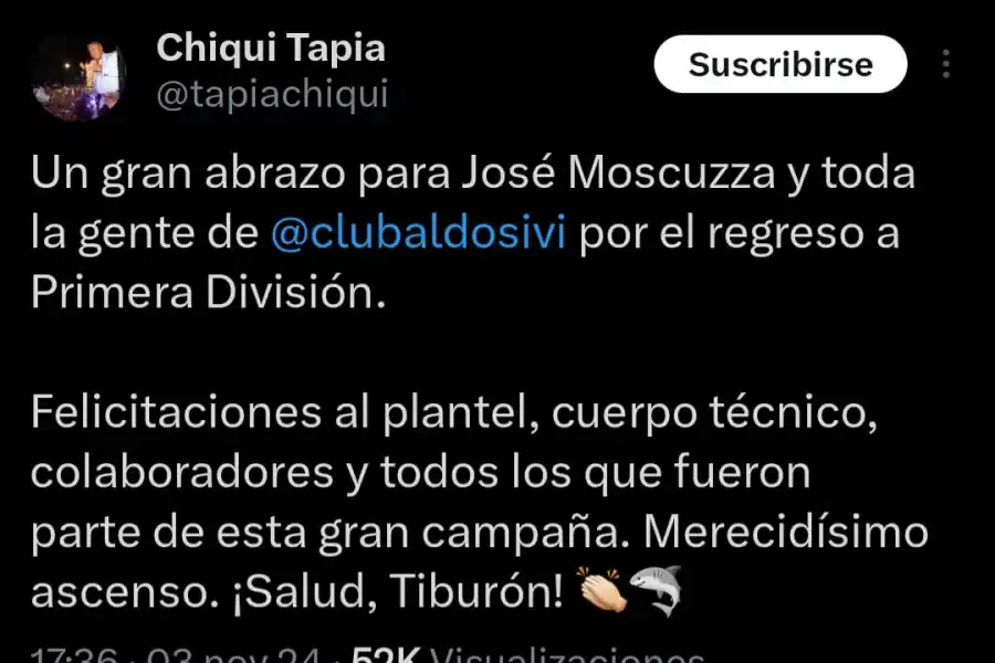 El saludo de “Chiqui” Tapia a Aldosivi tras el triunfo sobre San Martín para volver a Primera: “Merecido ascenso”