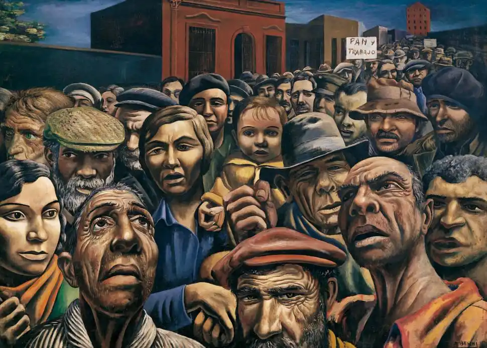 TEMÁTICA SIMILAR. Antonio Berni pintó “Manifestación” en 1934, 40 años después de “Sin pan y sin trabajo”.