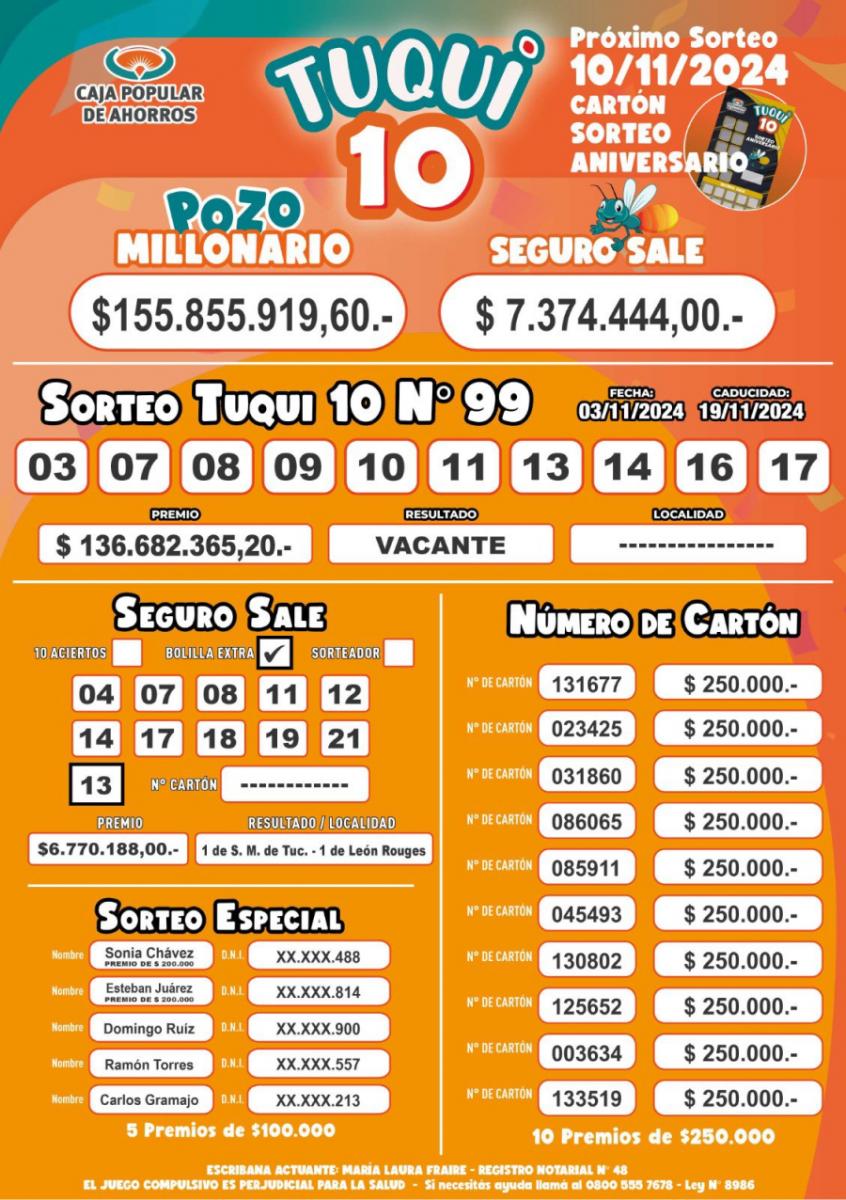 Tuqui 10: el pozo del sorteo del 3 de noviembre quedó vacante