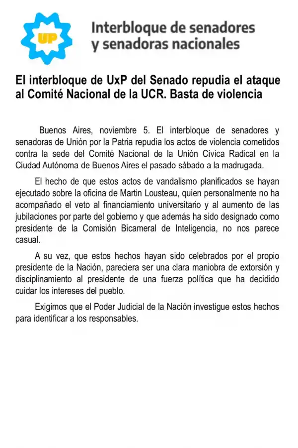 Senadores de UxP repudiaron el ataque al Comité Nacional de la UCR: Basta de violencia