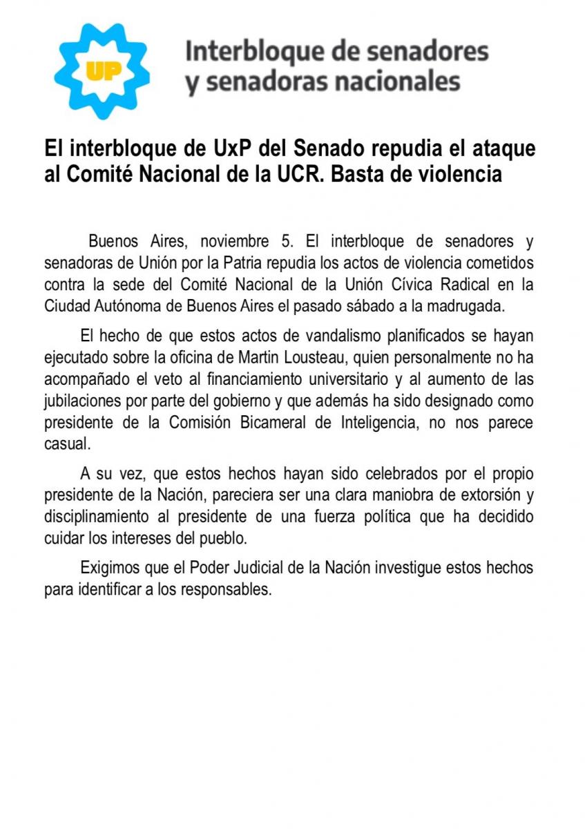 Senadores de UxP repudiaron el ataque al Comité Nacional de la UCR: Basta de violencia