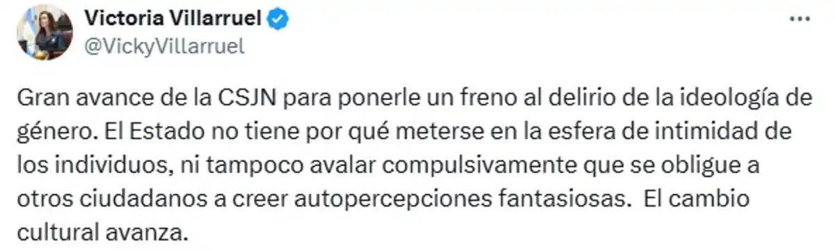 Villarruel destacó un fallo que rechazó el pedido de una persona para figurar como “feminidad travesti” en el DNI