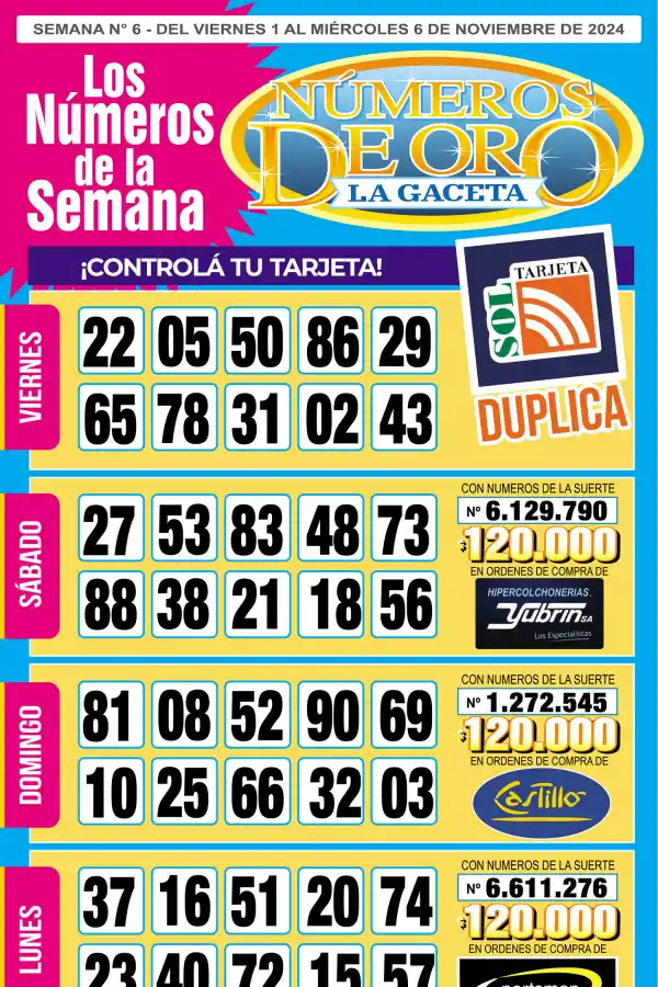 Esta es la grilla completa de los Números de Oro de LA GACETA del 6 de noviembre de 2024