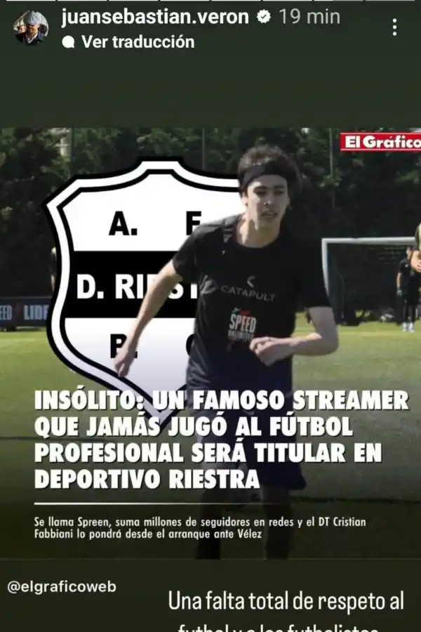 La furia de Juan Sebastián Verón por el debut de Spreen en Riestra: “Es una falta de respeto”