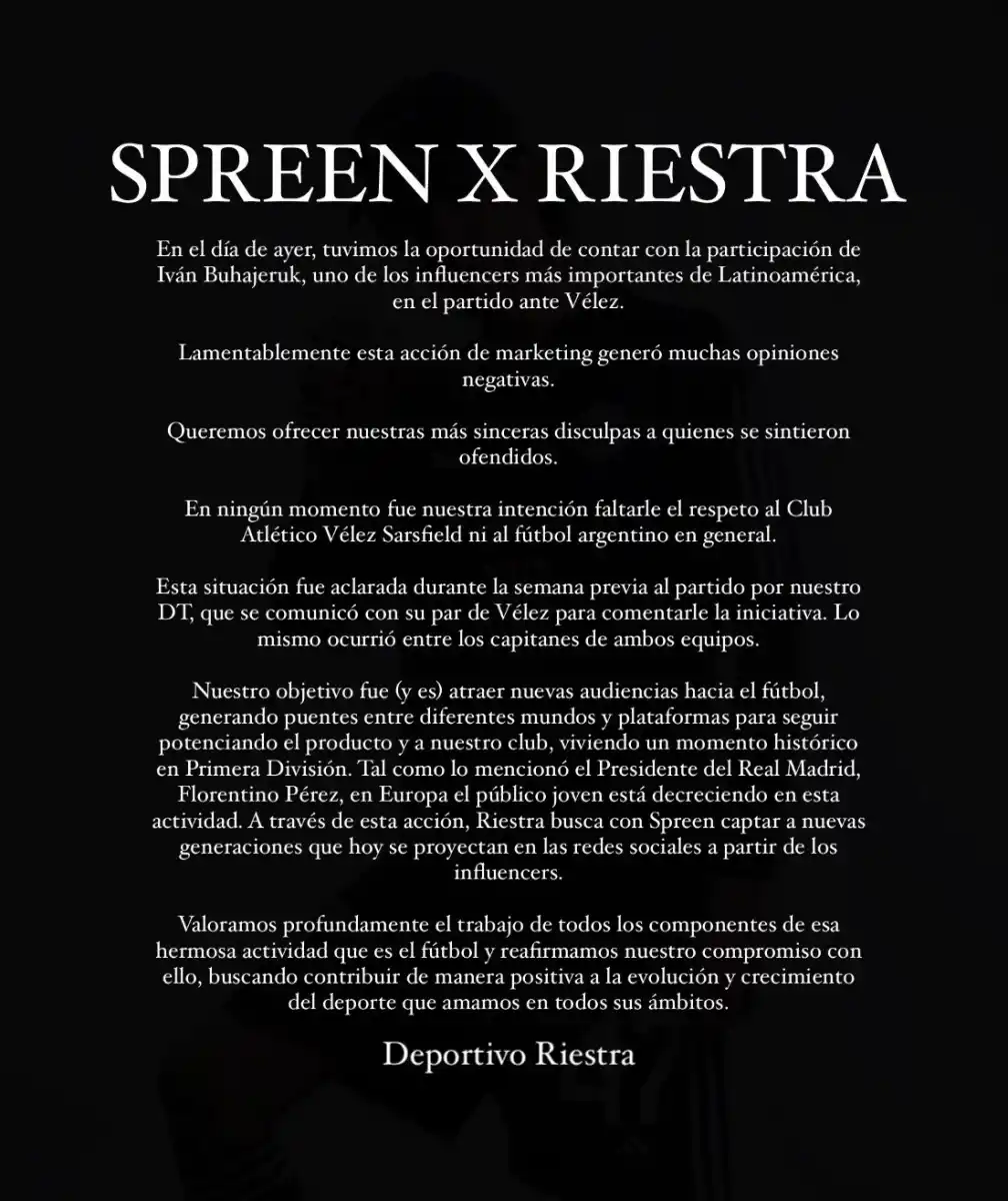 Tras el debut de Spreen en la Liga Profesional, Riestra sacó un comunicado pidiendo disculpas