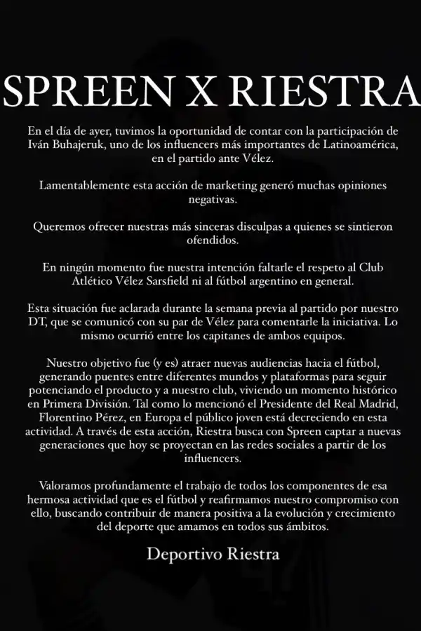 Tras el debut de Spreen en la Liga Profesional, Riestra sacó un comunicado pidiendo disculpas