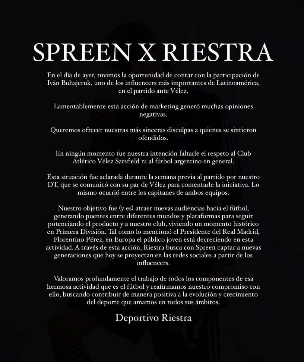 Tras el debut de Spreen en la Liga Profesional, Riestra sacó un comunicado pidiendo disculpas