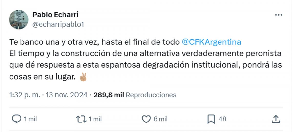 Pablo Echarri respaldó a Cristina Kirchner tras la confirmación de la condena en la causa Vialidad