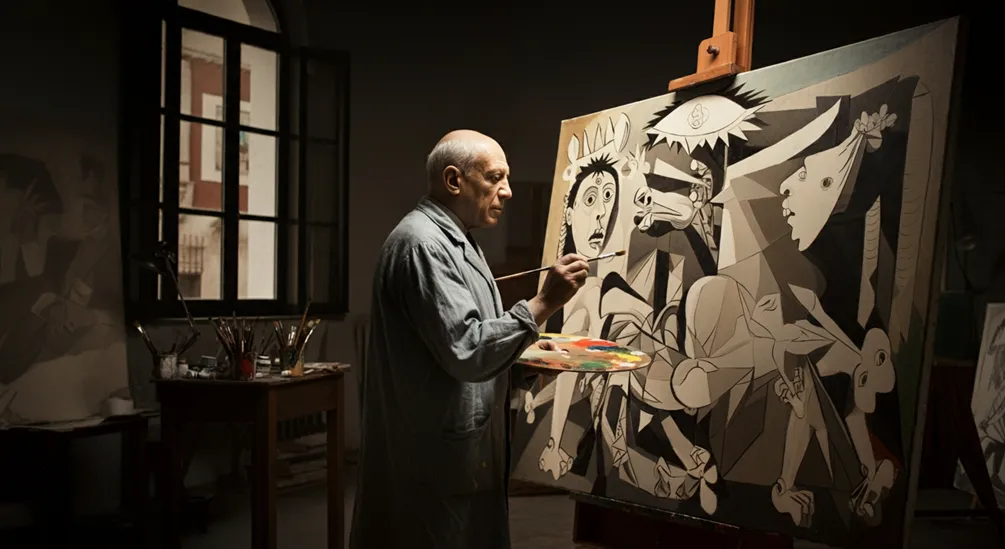 Recreación de Picasso y su Guernica re-creado por Federico Lix Klett con ImageFX.