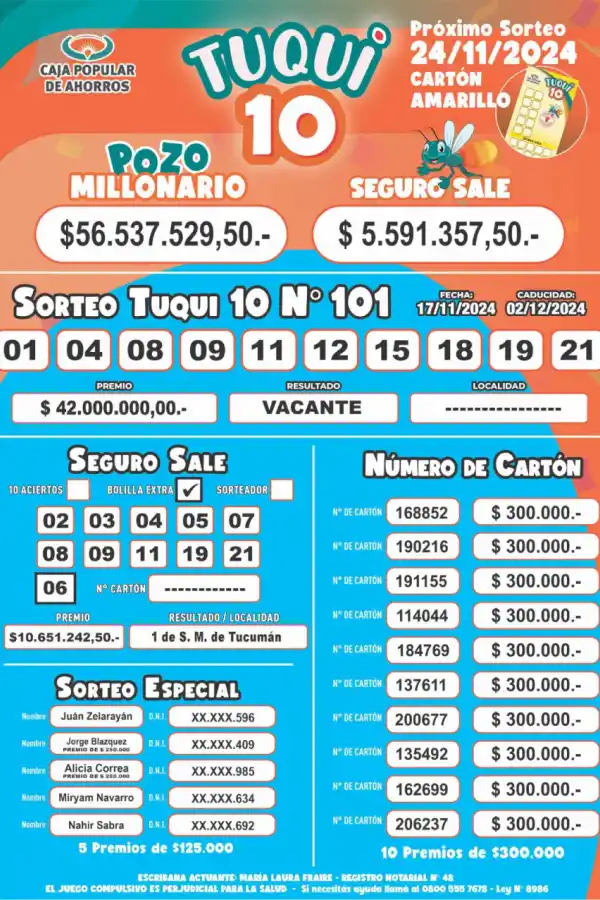 Tuqui 10: estos son los resultados del sorteo del domingo 17 de noviembre