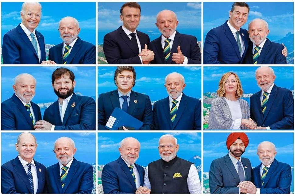 GESTUALIDAD POLÍTICA. Lula da Silva se fotografió de la mano con todos los presidentes que asistieron a la cumbre del G20, menos con Milei.