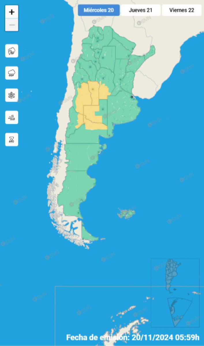 Mapa de alertas del Servicio Meteorológico Nacional