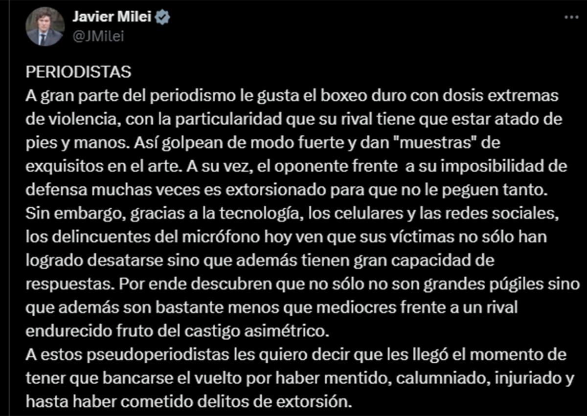 Milei atacó de nuevo a la prensa y llamó a los periodistas delincuentes del micrófono