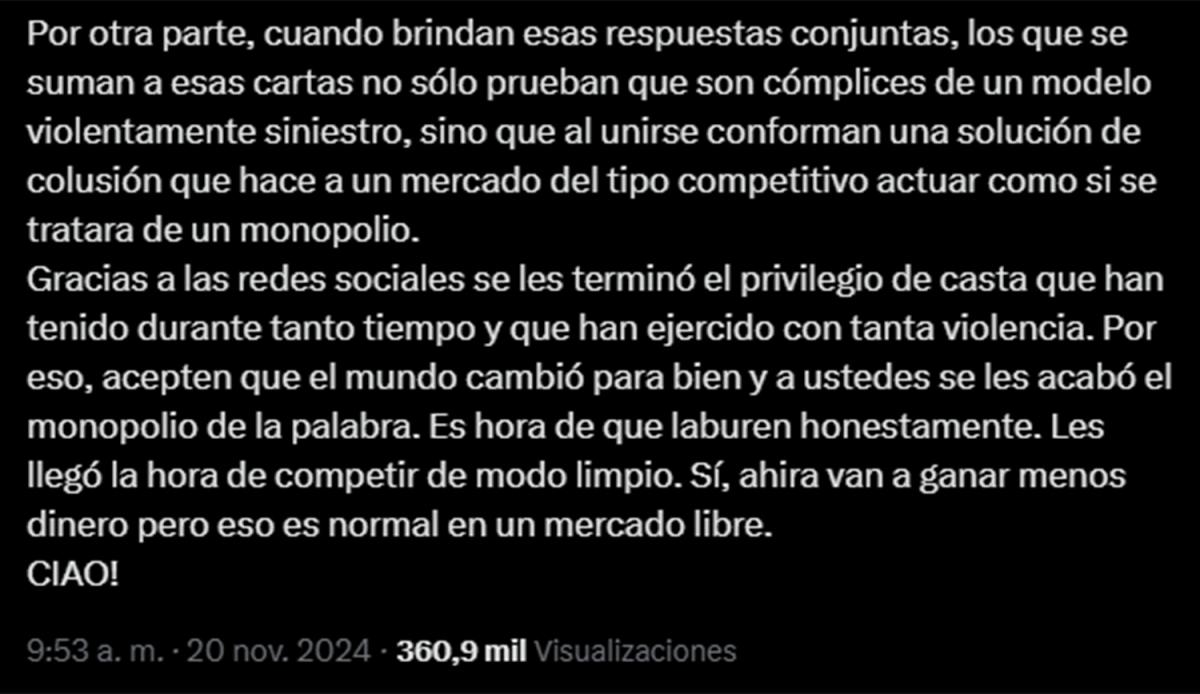 Milei atacó de nuevo a la prensa y llamó a los periodistas delincuentes del micrófono