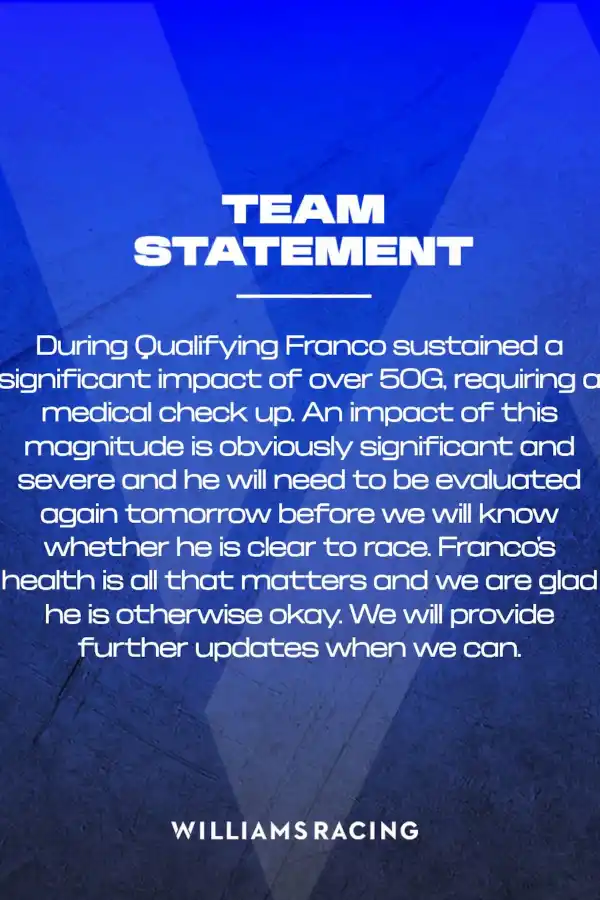 El comunicado de Williams sobre el estado de salud de Franco Colapinto: Un impacto de esta magnitud es grave