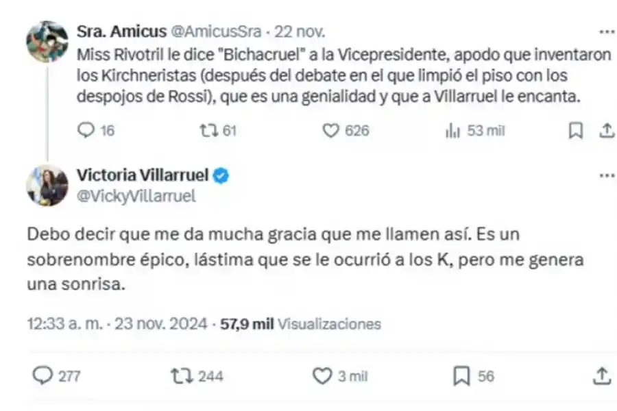 Victoria Villarruel le contestó a Lilia Lemoine, quien la llamó Bichacruel