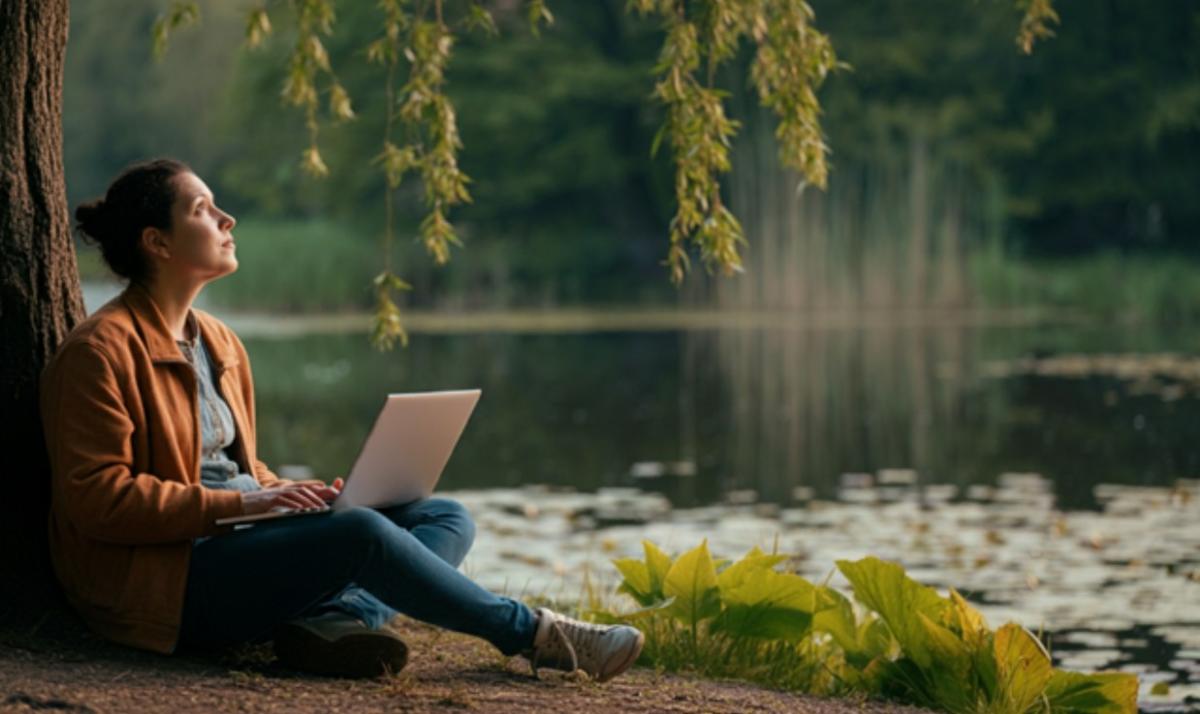 ImageFX: A solitary figure sits peacefully by a tranquil lake, surrounded by lush greenery.