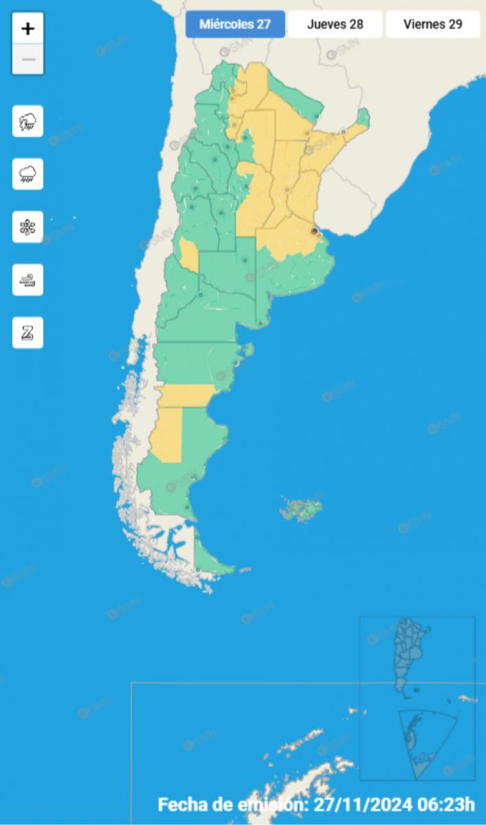 Mapa de alertas del Servicio Meteorológico Nacional