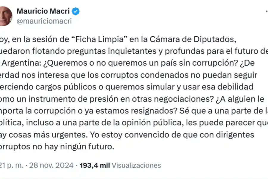 Ficha Limpia: Con dirigentes corruptos no hay ningún futuro, afirmó Mauricio Macri